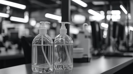 Two transparent bottles with liquid sit on a counter in a modern workspace, emphasizing hygiene and cleanliness in a professional environment.の素材
