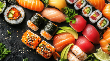 A vibrant assortment of sushi featuring various types of rolls, fresh fish, and colorful ingredients, perfect for showcasing Japanese cuisine.の素材