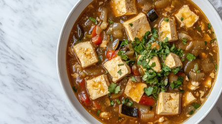 A delicious vegetarian soup featuring tofu and colorful vegetables, garnished with fresh herbs. Perfect for a warm, healthy meal any time of the day.の素材