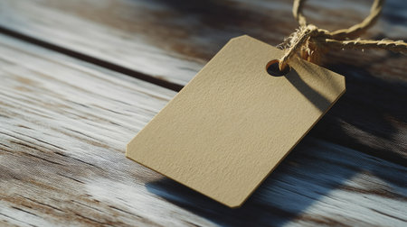 A blank tag rests on a rustic wooden surface, perfect for labeling or branding purposes. Ideal for creative projects, crafts, or product tags.の素材