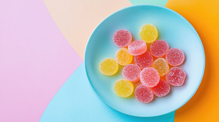 A vibrant assortment of colorful gummy candies arranged on a blue plate, perfect for parties or casual gatherings. Bright and cheerful!の素材