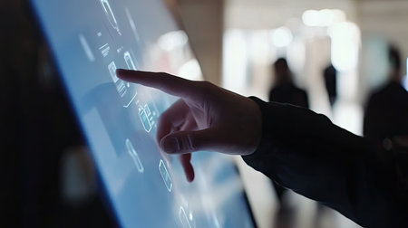 A close-up view of a hand interacting with a touchscreen display, showcasing modern technology and innovation in user interface, perfect for digital solutions themes.の素材