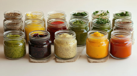 A colorful array of assorted sauces and spices in small jars displayed on a rustic background. Ideal for culinary projects, food blogs, or recipe inspirations.の素材