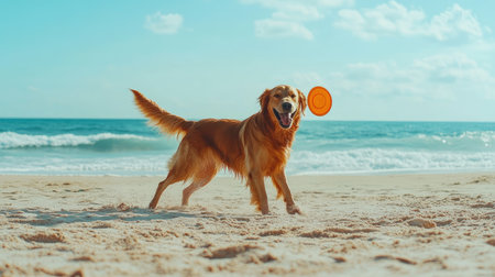 A joyful golden retriever dog running on a sandy beach, playing with a frisbee. The vibrant ocean waves and sunny sky create a perfect scene for fun and relaxation.の素材