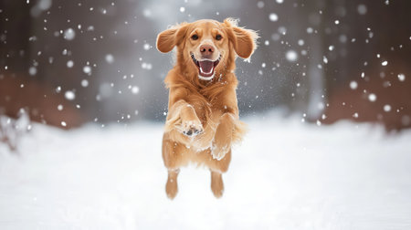 A golden retriever joyfully leaps through the snow, showcasing its playful spirit amidst a serene winter landscape filled with falling snowflakes.の素材