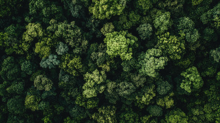 Aerial view of a dense green forest with a variety of trees. This vibrant landscape showcases the beauty of natureの素材