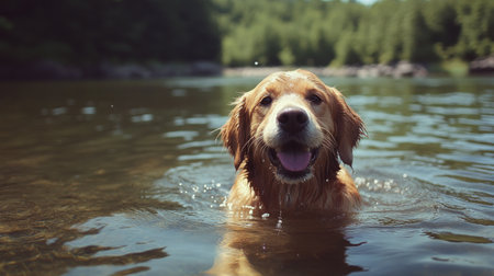 A joyful golden retriever splashes in calm water, embodying happiness and playfulness. Nature surrounds this serene scene, perfect for animal lovers.の素材