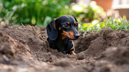 A playful dachshund joyfully digs in the garden soil, showcasing curiosity and playful spirit amidst lush greenery. Perfect for pet lovers!の素材