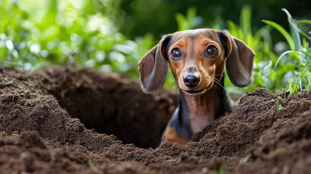 A playful dachshund dog emerges from a freshly dug hole in a vibrant garden. The dog's curious expression captures the joy of outdoor exploration.の素材