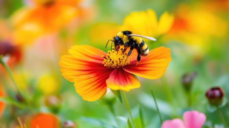 A stunning close-up of a bee pollinating a vibrant flower in a lush garden. The bright colors and delicate details showcase nature's beauty and the importance of insects.の素材