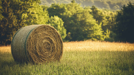 A sunlit hay bale in a tranquil green landscape, showcasing the beauty of rural life. Perfect for themes of nature, agriculture, and serenity.の素材