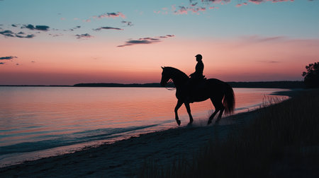 A serene silhouette of a rider on horseback against a vibrant sunset by the beach, capturing the essence of tranquility and natural beauty.の素材