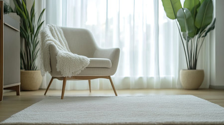 A cozy living room featuring a stylish armchair draped with a soft throw, accompanied by beautiful indoor plants and bright natural light filtering through sheer curtains.の素材