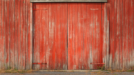 Classic weathered red barn door featuring rustic wood texture. Perfect for themes of farming, countryside scenes, and rural architecture.の素材