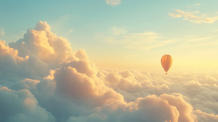 A serene hot air balloon floats gracefully above soft clouds at sunrise. This dreamy scene captures the essence of adventure and tranquility in nature.の素材