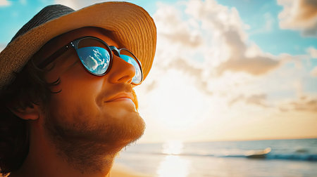 A man stands on the beach, smiling as he gazes at a stunning sunset. His sunglasses reflect the colorful sky, embodying the essence of relaxation and joy in nature.の素材