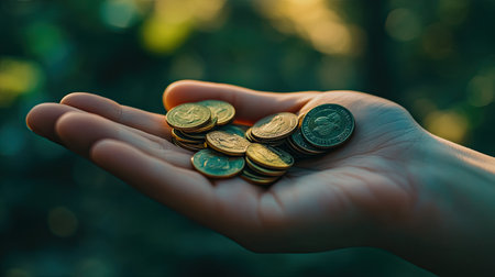 A hand holds a collection of coins against a blurred green background. This image captures themes of wealth, savings, and economic growth in a natural setting.の素材