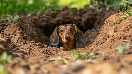 A curious dog explores a freshly dug hole in the garden, showcasing its playful spirit. The vibrant scene captures the joy of outdoor adventures.の素材