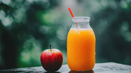 A close-up of a refreshing orange juice in a glass bottle with a red apple beside it, set against a beautiful rainy background, symbolizing health.の素材
