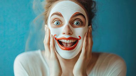 A young woman showcases a vibrant smile with creative face paint, exuding joy and excitement. Perfect for themes of fun, creativity, and artistic expression.の素材