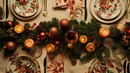 A beautifully arranged festive table setting featuring elegant plates, candles, and seasonal decor. Perfect for holiday gatherings and celebrations.の素材