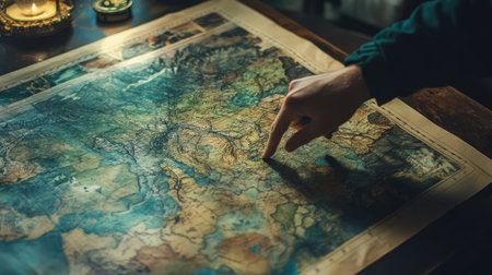 A vintage map showcases intricate details under warm light. A hand points to a specific location, symbolizing exploration and travel discovery. Perfect for adventure themes.の素材