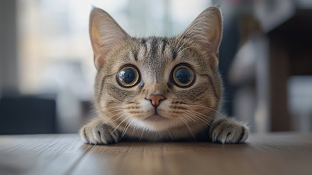 Adorable tabby cat with wide eyes peeking over a table, showcasing a curious expression. The soft lighting creates a warm, cozy atmosphere.の素材