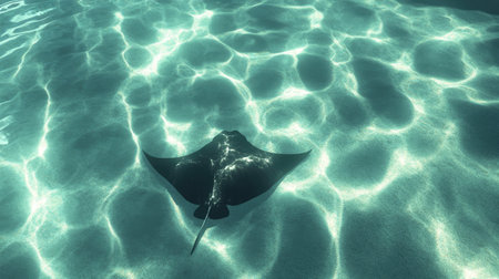 A stunning image of a stingray gracefully swimming in crystal-clear water, showcasing the beauty of marine life and the tranquil underwater environment.の素材