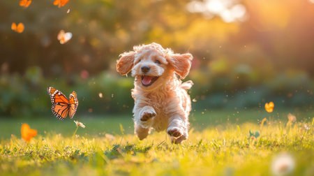 A joyful puppy runs through a sunlit field, chasing butterflies. The vibrant scene captures the essence of playful innocence and happiness in nature.の素材
