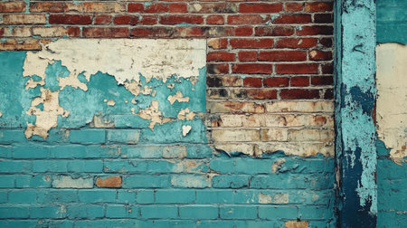 This image showcases a textured urban wall with peeling paint and exposed brick, highlighting the beauty of decay in urban environments. Perfect for design projects.の素材