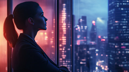A striking silhouette of a woman in professional attire gazes thoughtfully out of a window at a vibrant city skyline during dusk, embodying tranquility amidst urban life.の素材
