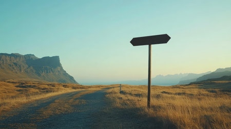 A picturesque landscape featuring a blank directional signpost beside a winding road, surrounded by majestic mountains and open grasslands at sunset.の素材
