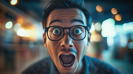 A surprised man with glasses displays a wide-open mouth and astonished eyes in a vibrant indoor setting, capturing the essence of excitement and wonder.の素材