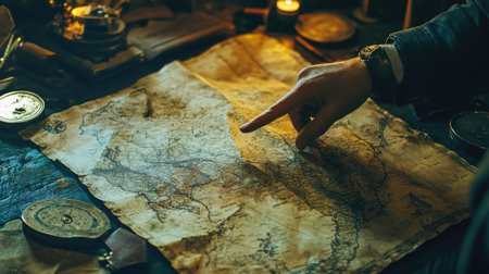 Close-up of a hand pointing at an intricate vintage map. The setting evokes a sense of adventure and exploration, accompanied by navigational tools, creating a warm, inviting atmosphere for travel enthusiasts.の素材