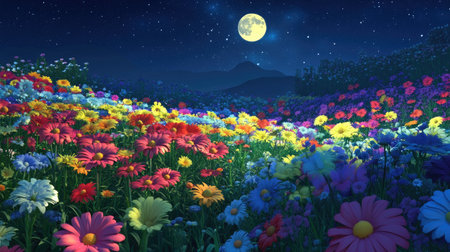 A stunning view of a colorful flower field illuminated by a bright moon under a starry sky. This peaceful scene showcases the beauty of nature at night.の素材