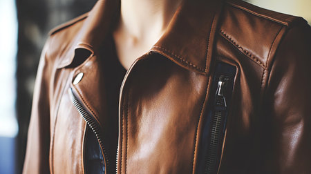 A close-up of a stylish brown leather jacket showcasing its rich texture and detailed design. Perfect for fashion enthusiasts and casual wear lovers.の素材