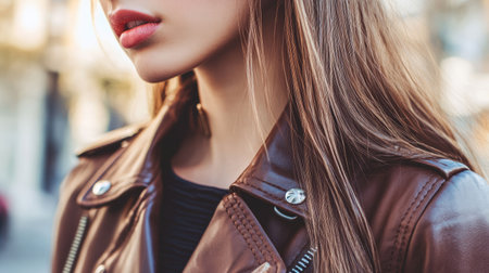 A close-up portrait of a stylish woman with long hair wearing a leather jacket. The focus on her lips and jacket highlights modern fashion and urban elegance.の素材
