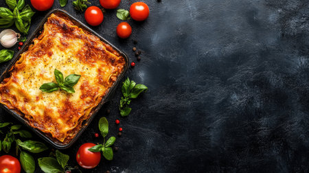 A mouthwatering lasagna baked to perfection, surrounded by fresh ingredients like tomatoes and basil. Perfect for illustrating Italian home cooking.の素材