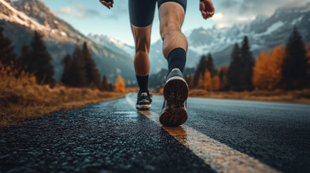A lone runner strides along a winding road amidst stunning mountain scenery. The image captures the essence of outdoor fitness and adventure in a serene environment.の素材
