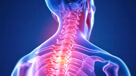 Detailed anatomical illustration showcasing the human spine and neck, highlighting the cervical vertebrae. Ideal for educational and medical uses.の素材