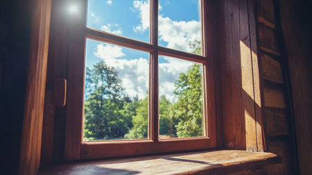 A serene view through a rustic wooden window, showcasing a bright sky filled with fluffy clouds and lush greenery outside. Ideal for evoking tranquility.の素材