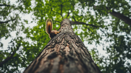 A vibrant squirrel climbs the rugged trunk of a tall tree, surrounded by lush green foliage. This serene nature scene showcases wildlife in its natural habitat.の素材