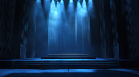 This captivating image features a dramatic stage setup with striking blue lighting, perfect for performances and theatrical events. Ideal for creative projects.の素材