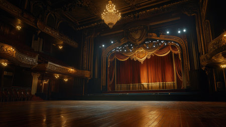 A stunning view of an elegant theater interior featuring a grand stage with rich curtains, ornate details, and a sparkling chandelier above. Ideal for arts and culture themes.の素材