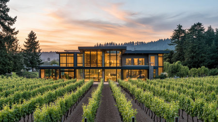 A modern house located in a scenic vineyard, illuminated by a warm sunset. The sleek architecture blends beautifully with the natural surroundings, offering tranquility and elegance.の素材