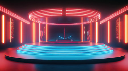 A modern neon-lit stage featuring vibrant lighting and circular design, perfect for performances, events, or artistic showcases in a futuristic environment.の素材