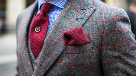 Close-up of a sophisticated suit featuring a red tie and pocket square, highlighting the checkered pattern and elegant tailoring, ideal for fashion enthusiasts.の素材