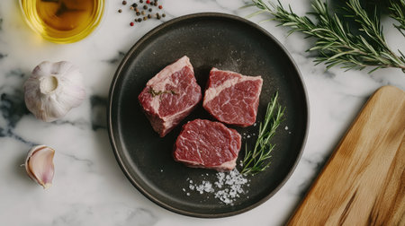 Fresh cuts of beef on a stone plate surrounded by garlic, rosemary, and spices. Ideal for culinary projects, cooking tutorials, and food preparations.の素材