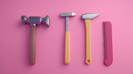 A vibrant display of colorful tools arranged on a pink background, perfect for projects related to DIY, crafts, and artistic design. Ideal for creative visuals.の素材