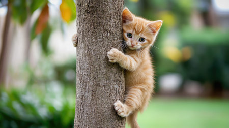 This adorable ginger kitten is playfully climbing a tree, showcasing its curious nature and charming personality. Perfect for pet lovers and nature enthusiasts.の素材